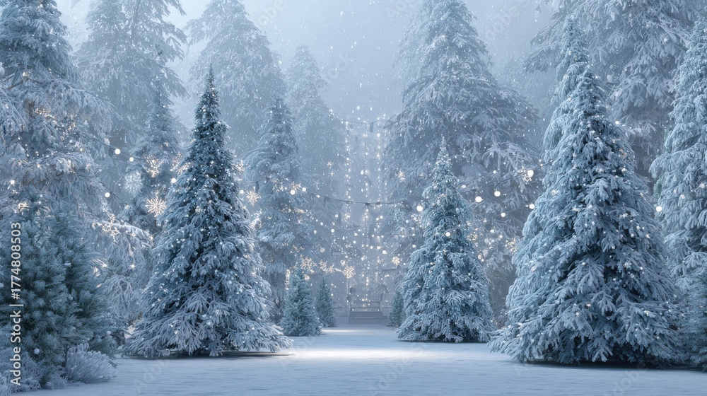 Fototapeta premium winter wonderland with snowy christmas trees and decor in a festive scene