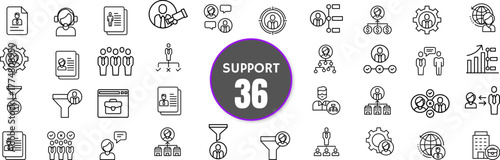 Support Line Icon Set – Customer Service, Help, Chat, Feedback, Communication, Assistance, Troubleshooting, Teamwork, Editable Stroke, Vector Illustration