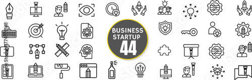 Business Startup Line Icon Set – Entrepreneurship, Innovation, Planning, Strategy, Growth, Funding, Team, Success, Editable Stroke, Transparent Background