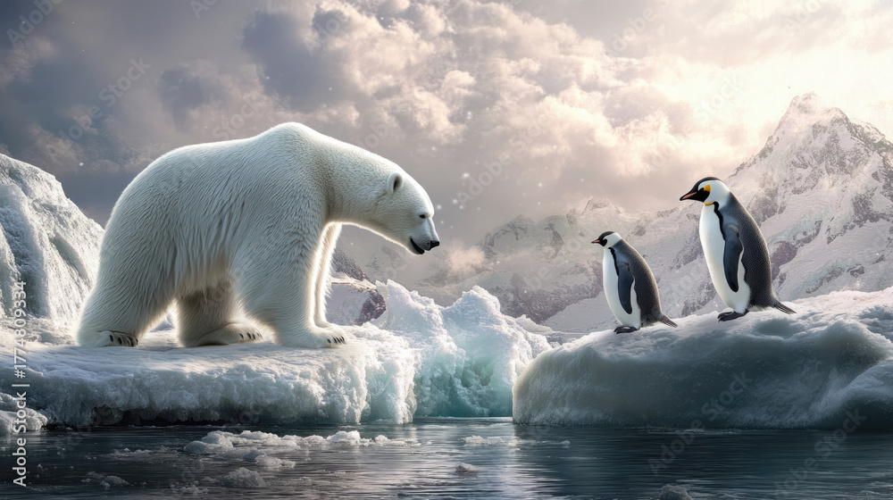 Naklejka premium Exploring the Frozen World of Penguins and Polar Bears Together