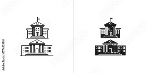 Government building or courthouse, line art and silhouette
