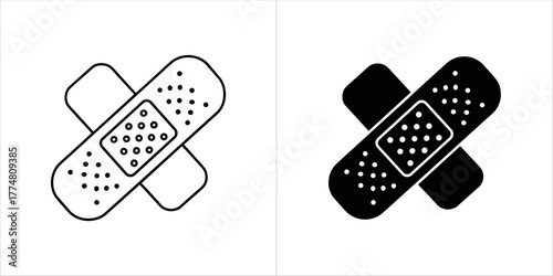 Medical bandage or plaster, crossed over, line art and silhouette