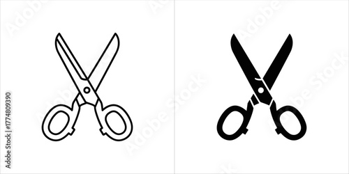 Pair of scissors, one outlined and one solid black