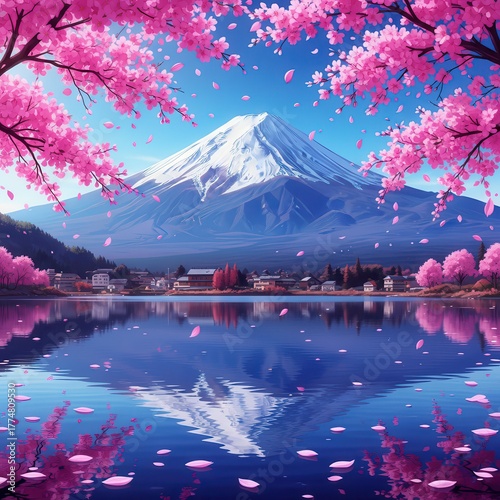 Mount Fuji Reflecting in a Serene Lake Surrounded by Blooming Cherry Blossoms in Spring