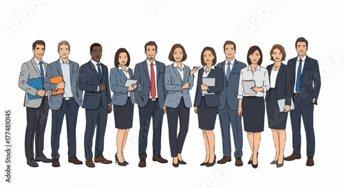 Diverse group of business professionals standing together in formal attire.