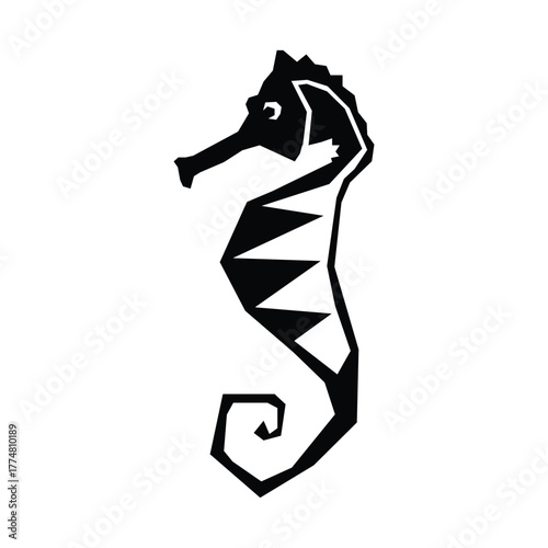 A stylized black seahorse illustration with geometric shapes on a white background design element
