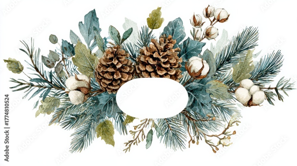 Obraz premium watercolor christmas frame with fir branches pine cone cotton leaves isolated on white background botanical winter greenery holiday illustration for wedding invitation card design