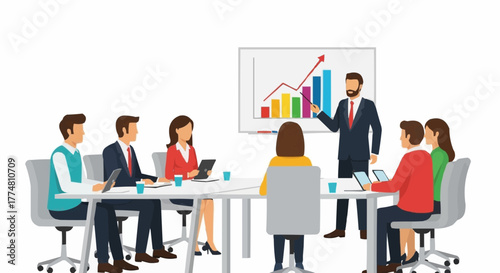 Business meeting presentation with graph and team discussing strategy.