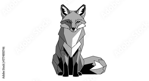 Geometric fox illustration in black and white, sitting upright.
