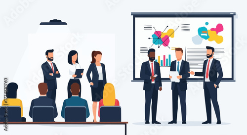 Business presentation with charts and graphs, team discussing data analysis.