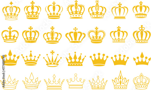 Crown set icons, collection different crown sign, silhouette crown symbolGolden crowns for royalty and decoration design, Elegant gold crown illustrations for luxury themes.