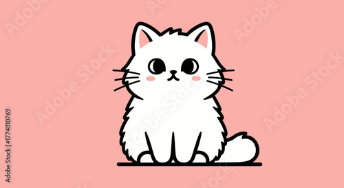Cute white cartoon cat with big eyes sitting on a pink background.