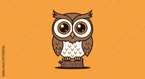 Cartoon owl with big eyes perched on a tree stump against an orange background.