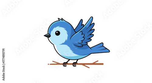A cartoon bluebird perched on a branch with wings slightly outstretched, set against a white background.