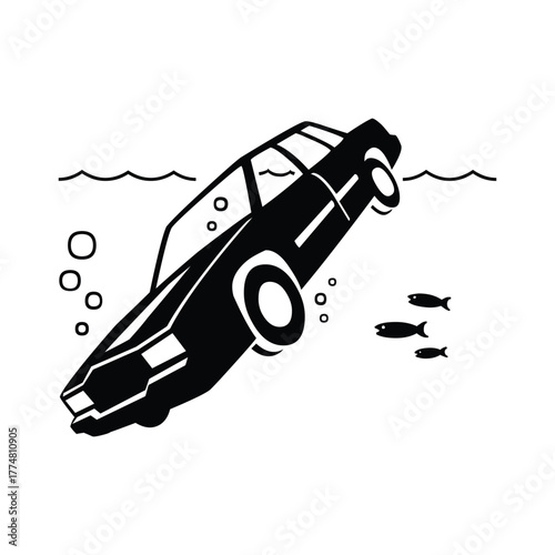 A black car submerged underwater with bubbles and fish swimming around in a white background scene