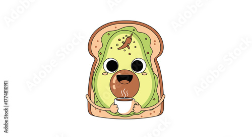 Cute avocado toast cartoon character holding a cup of coffee.