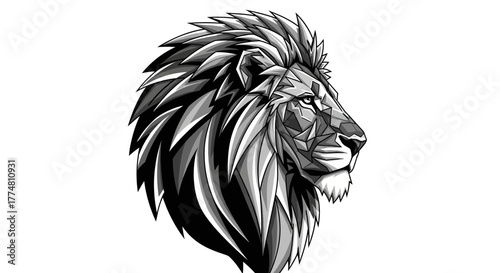 Lion head with geometric mane in grayscale, side view, vector illustration.