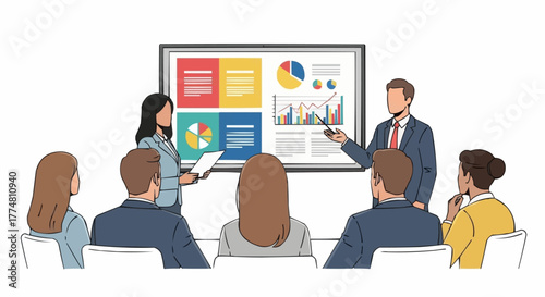 Business meeting presentation with charts and graphs on screen.