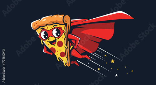 Cartoon pizza slice superhero flying with cape and mask on a dark background.