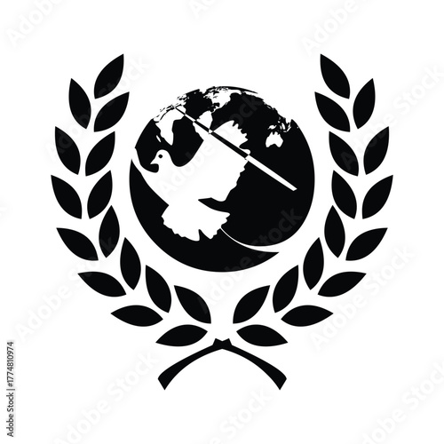 A black and white illustration of a peace dove with a globe inside a laurel wreath design