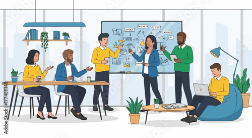 Diverse business team collaborating on project in modern office space.