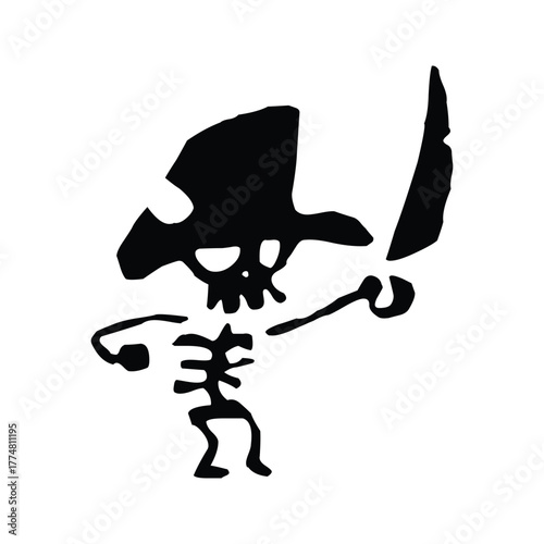 A black and white drawing of a skeleton pirate with a sword and a hat on a white background