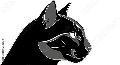 Illustration of a black cat's head in profile, with gray shading and white eye.