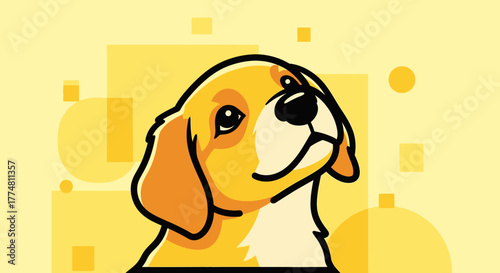 A cartoon dog with a yellow background and geometric shapes, looking up with a hopeful expression.