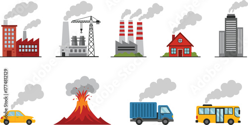 Air pollution sources, factory smoke, vehicle exhaust, industrial emissions, residential chimney, volcano eruption, environmental damage, urban pollution, toxic air, global warming