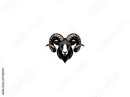 Black ram head with large curled horns and white eyes on a white background sheep animal