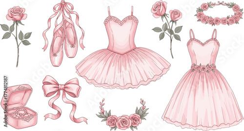 Ballet accessories, pink dresses, pointe shoes, floral crown, romantic theme, jewelry box, feminine style, dance costume, elegant fashion, soft illustration