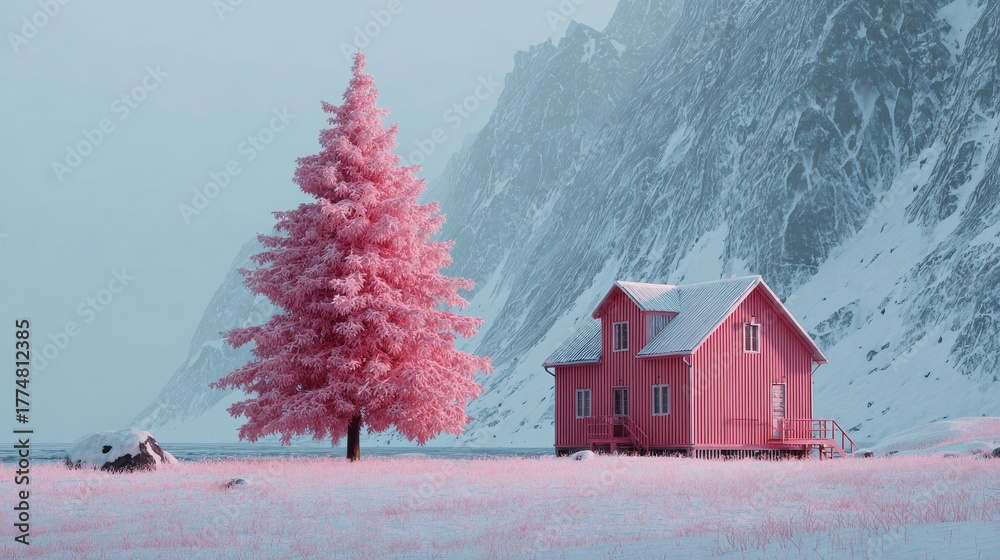 Naklejka premium winter scene with a red house and a pink christmas tree