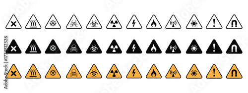 Set of hazard icon set vector. toxic, biohazard, radiation, electric shock, fire, laser, caution, magnet, heat, cold, and radio wave symbol. vector illustration.