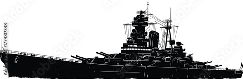 Battleship silhouette, naval reflection, military ship, calm water, war vessel, black illustration, ocean defense, maritime art, symmetrical design, power