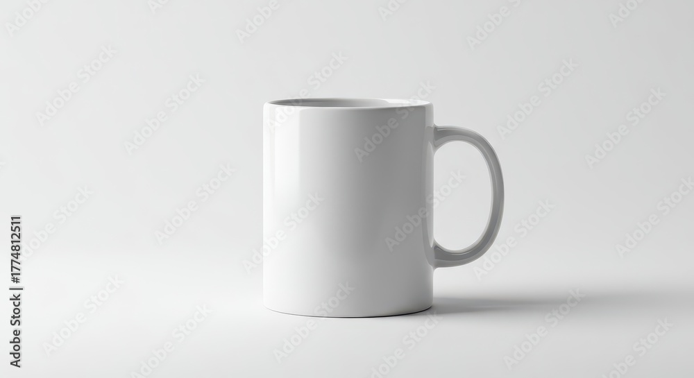 Fototapeta premium A plain white ceramic coffee mug sits centered and alone on a stark white background, emphasizing simplicity and negative space for design concepts, studio shot, morning, basic