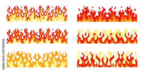 Collection of stylized cartoon fire borders and flames in various designs and colors