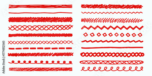 Collection of red hand drawn scribbled lines and decorative borders on white background