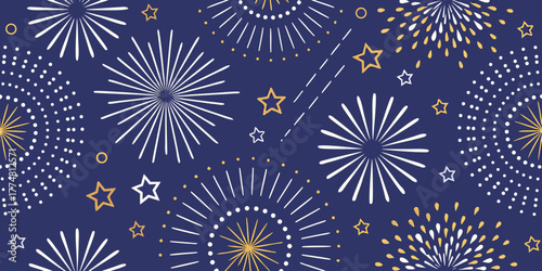 Festive dark blue background with white and gold abstract fireworks and stars