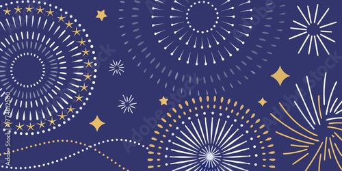 Festive abstract background with stylized fireworks and golden stars on a deep blue canvas