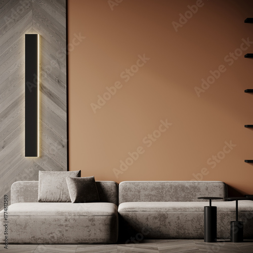 Modern stylish lounge living room with cozy sofa. Accent wall paint background as mockup for art or decor. Trend mocha mousse brown color palette with gray furniture. Premium minimal scene. 3d render