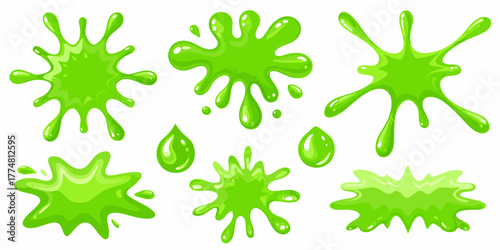 Collection of vibrant green cartoon slime splatters and drips on a white background