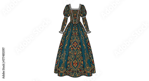 A teal gown patterned with ornate gold swirls features a square neckline puffy sleeves and a floorlength skirt