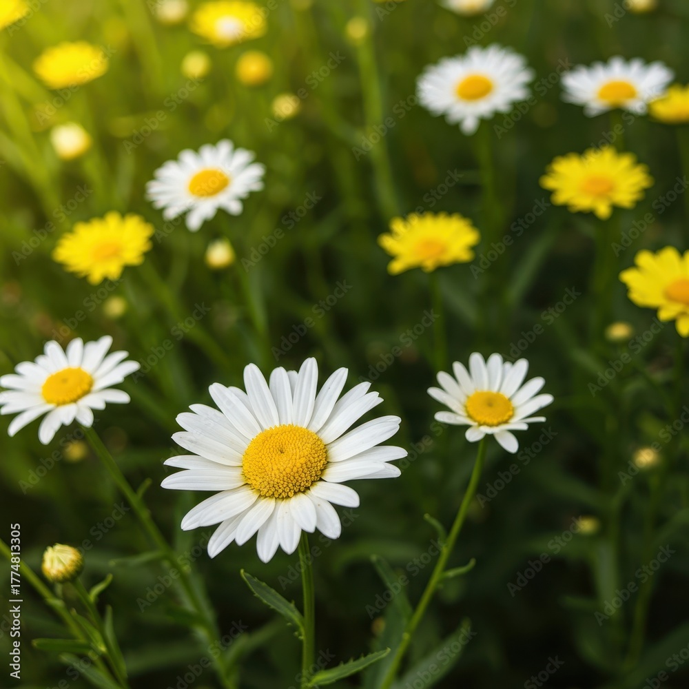 Fototapeta premium Healthy white and yellow daisies bloom profusely in a sunlit meadow, attracting vital pollinators necessary for a thriving ecosystem, yellow, preservation, flora