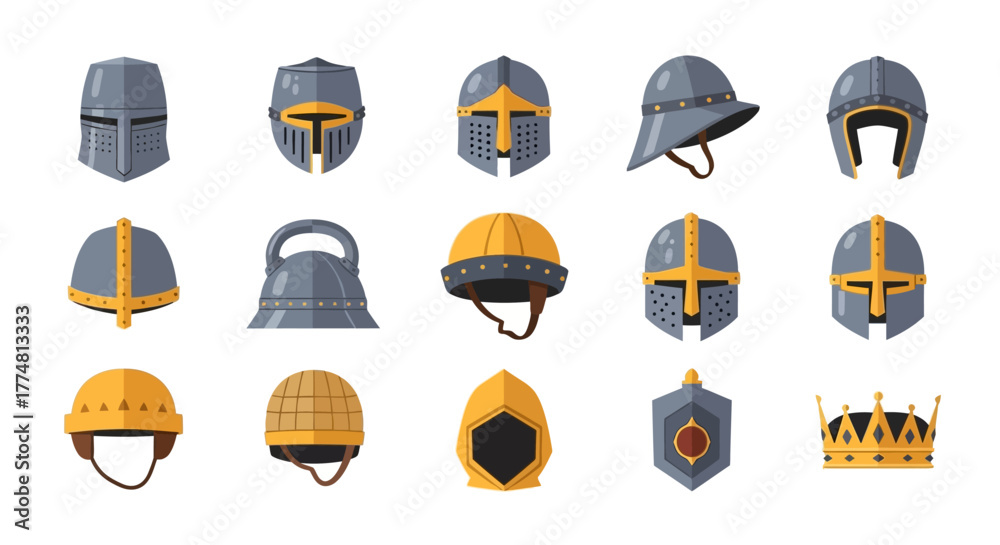 Obraz premium An array of 15 cartoon medievalstyle helmets and one crown