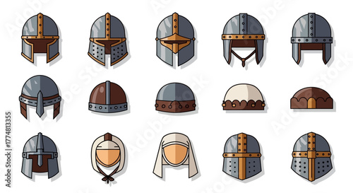 Fifteen cartoon helmets various styles and colors are arranged in a grid pattern against a white background