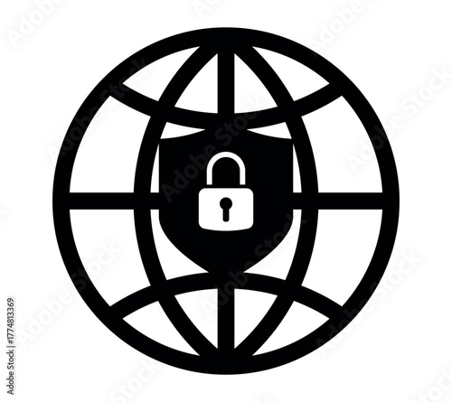 Global internet security icon showing a padlock and shield inside a globe. Concept of online protection, privacy, cyber defense, data safety, and secure network connection in digital world.