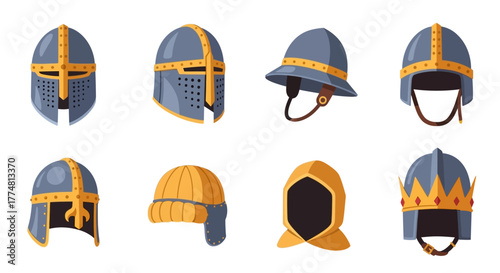 Eight cartoon helmets medieval  modern various styles colors  embellishments displayed on a white background