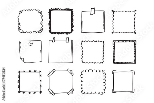 Handdrawn set of square scribbles frame. Doodle line empty frames