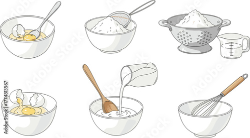 Cartoon baking tools, mixing bowl, flour sifting, milk pouring, whisking ingredients, cooking preparation, kitchen process, recipe steps, food illustration, culinary scene