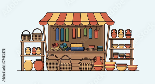 Market stall with striped awning displays textiles baskets pottery  bowls on shelves against a light background